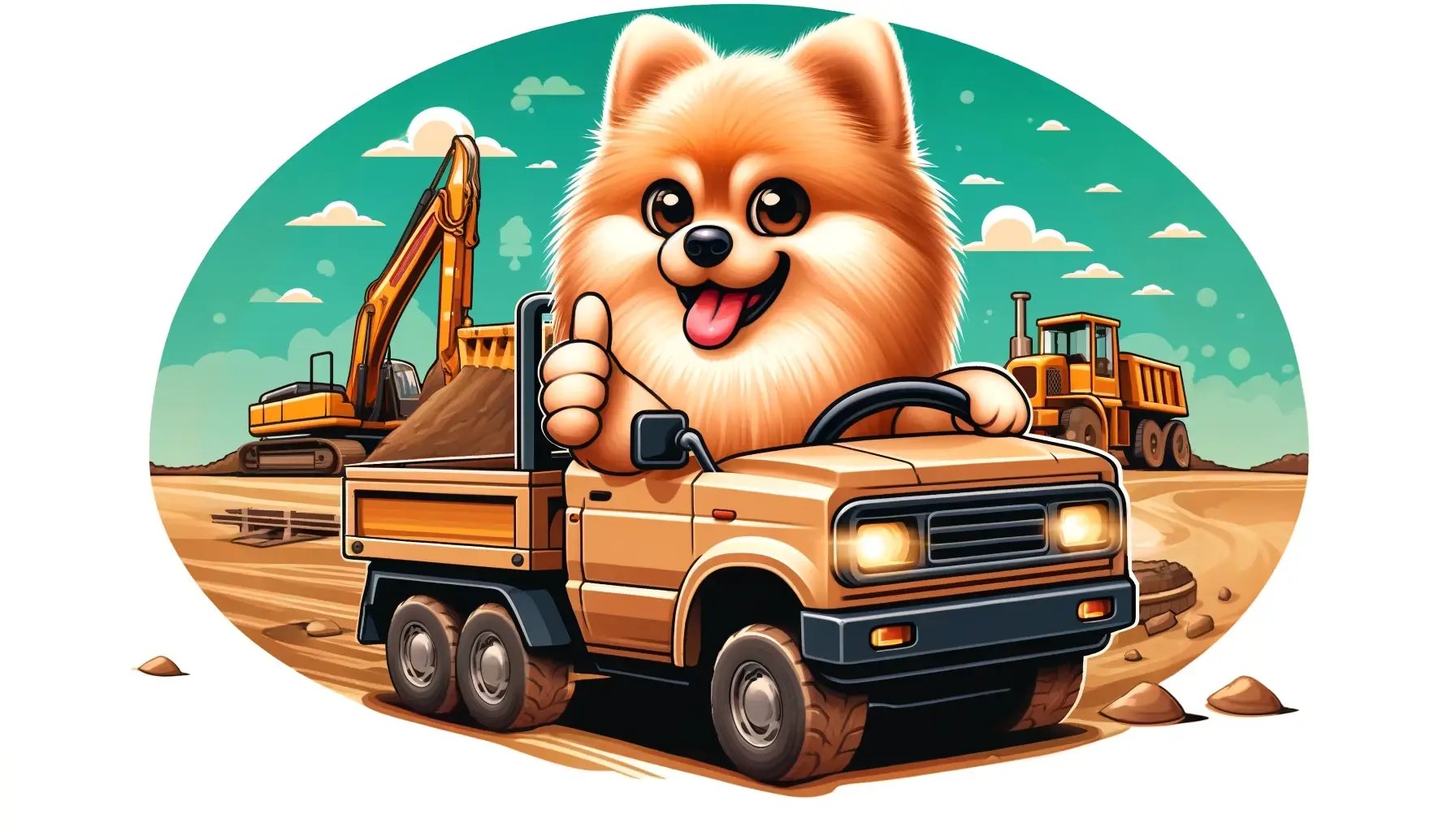 DALL·E 2024-06-05 11.59.04 - A cartoon-style Pomeranian dog driving a ute on a construction site. The Pomeranian has a cheerful expression and is giving a thumbs up. The construct